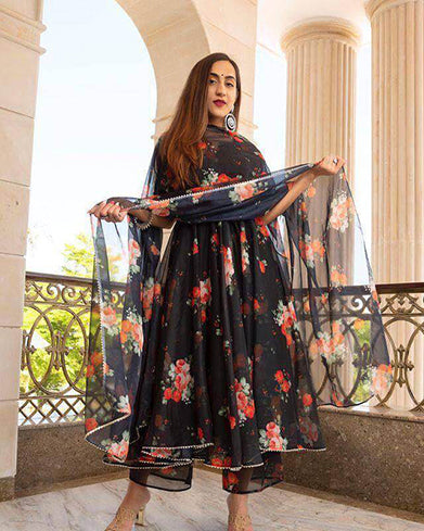 Black Floral long gown dress with Dupatta