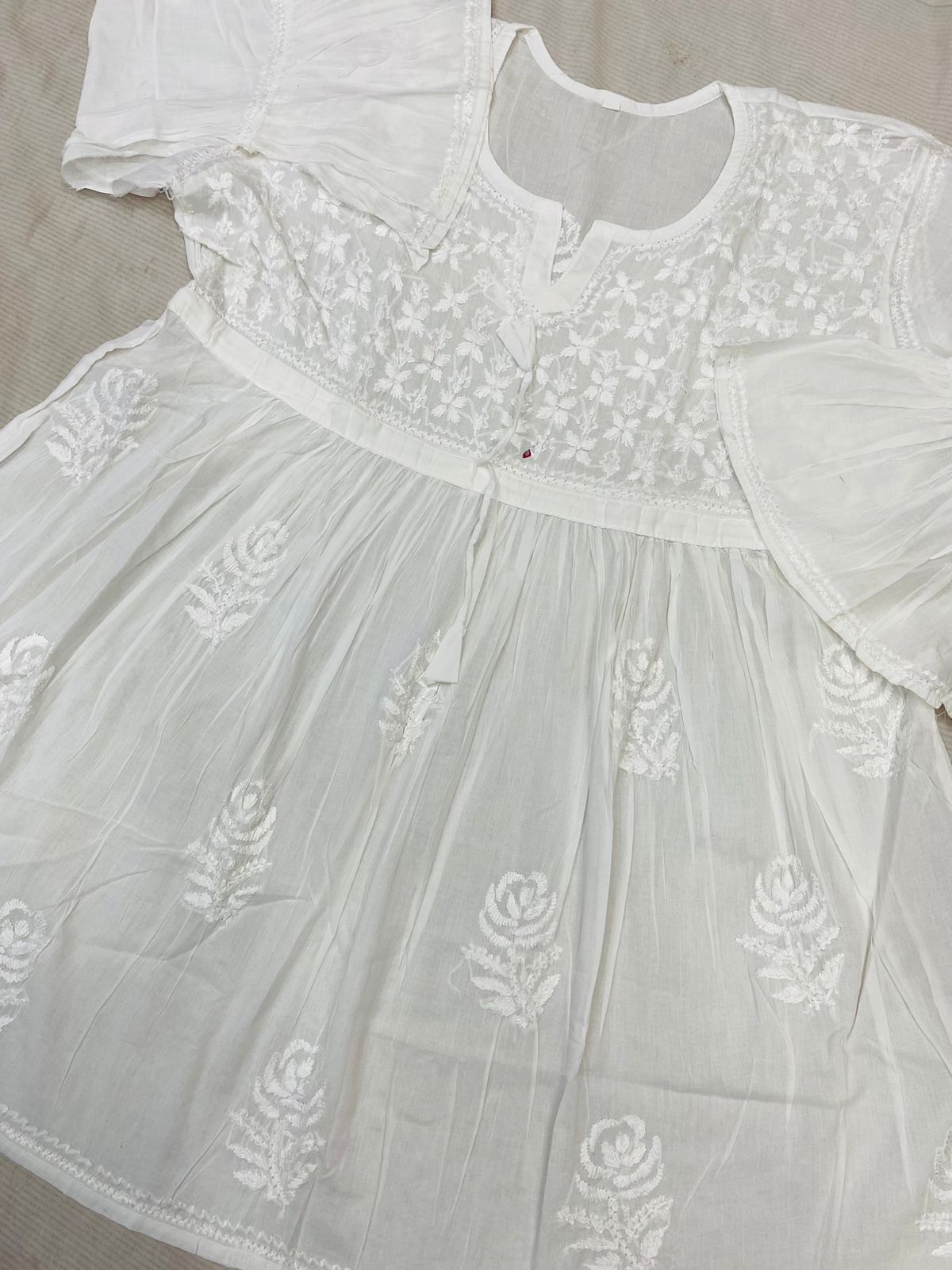 White Color Hand Embroidered Chikankari short Dress/top