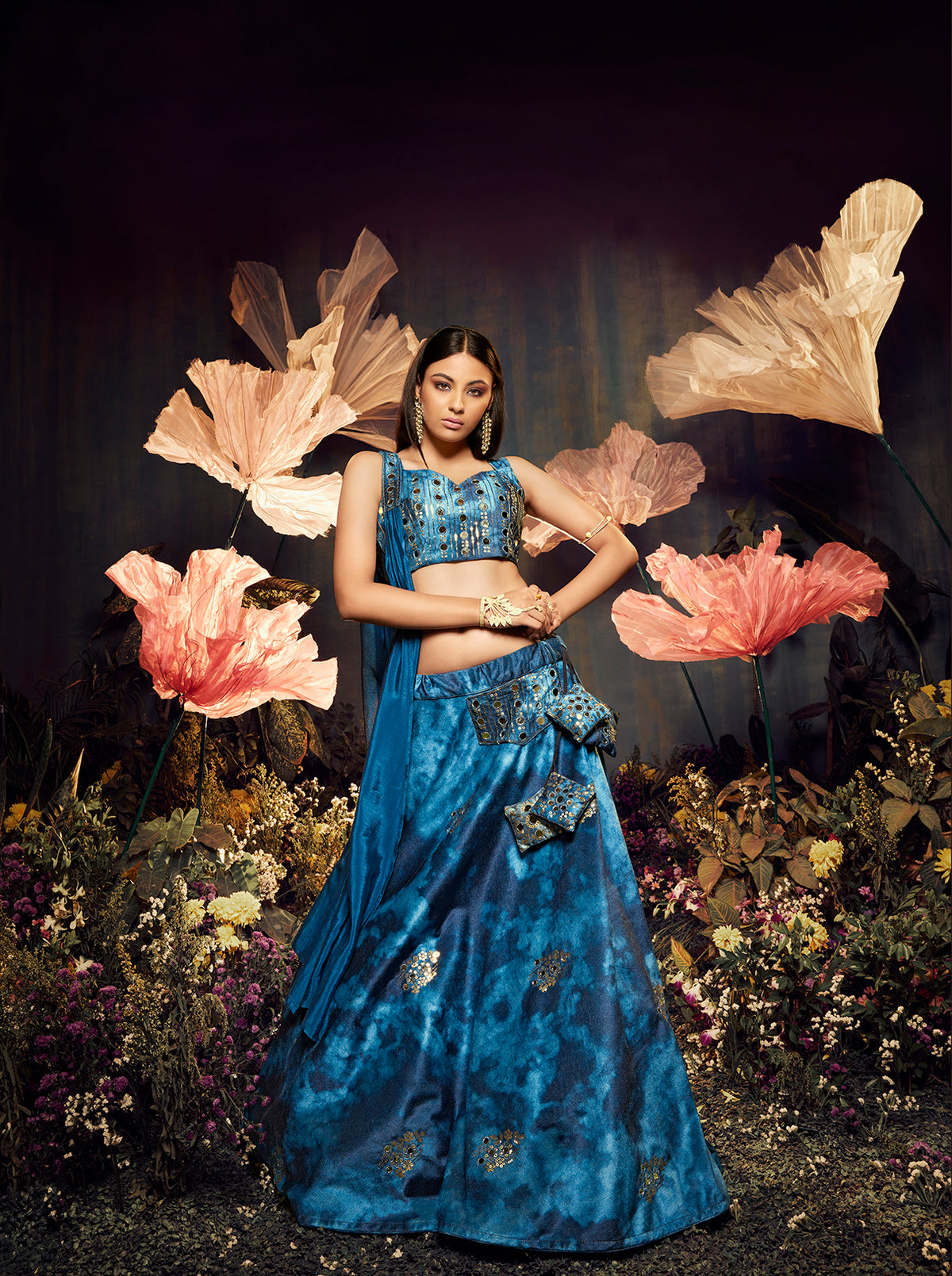 Blue and Print Lehenga with Sequin and Mirror Work - Exquisite & Glamorous