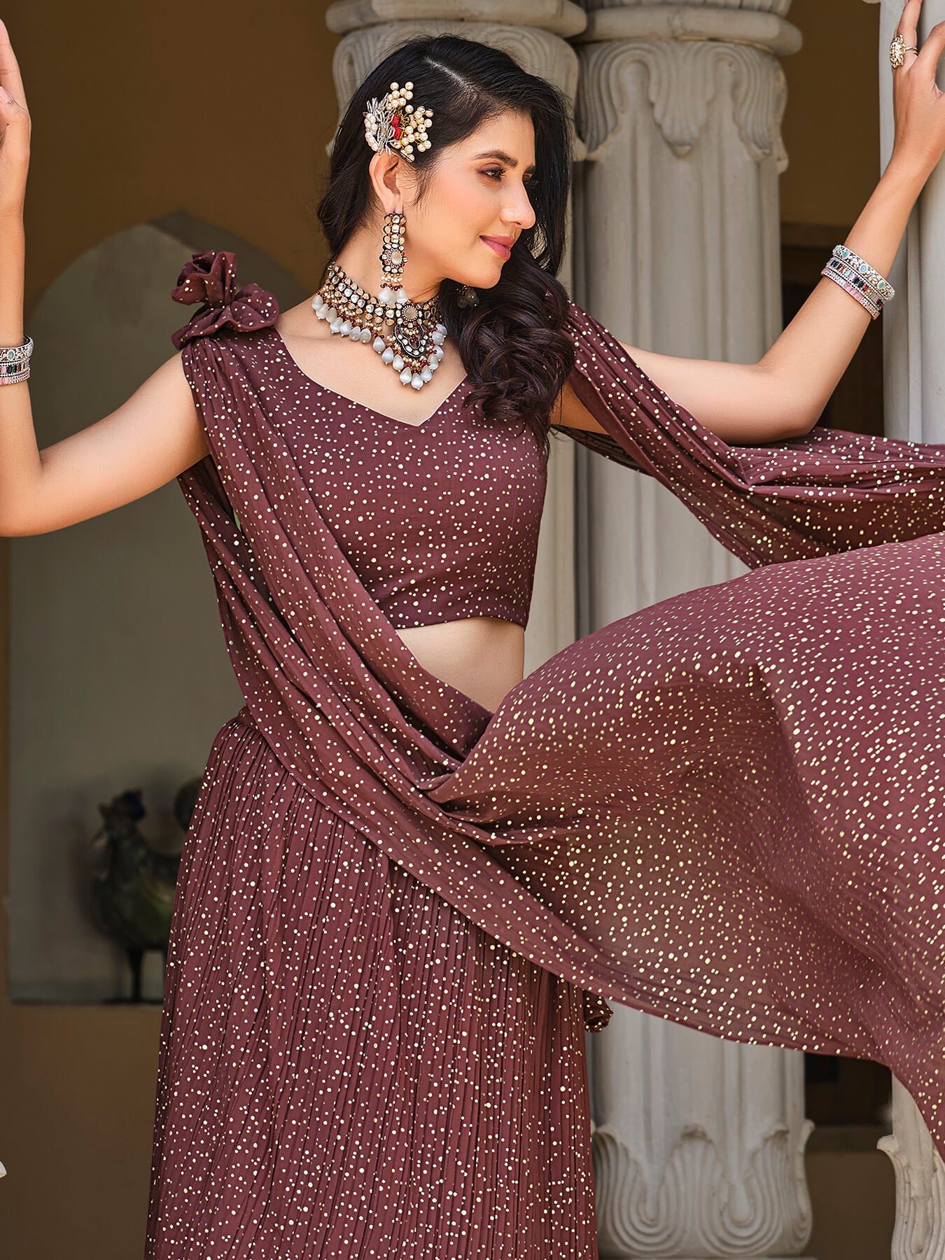 Buy Mauve Pink Lehenga With Mirror Embroidery And Fancy Blouse Designed  With Attached Dupatta Online - Kalki Fashion