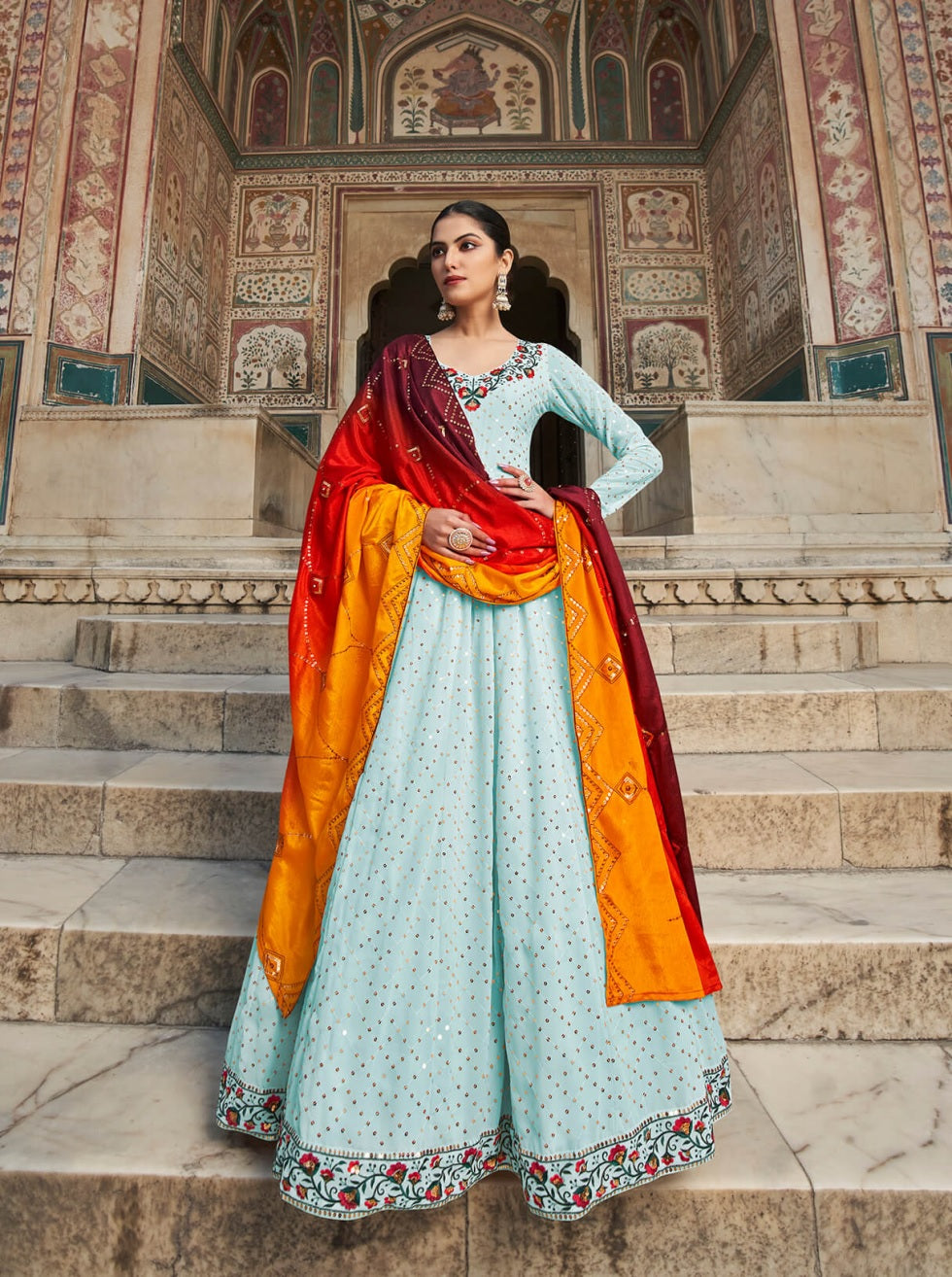 Buy Blue color gown with multicolor dupatta