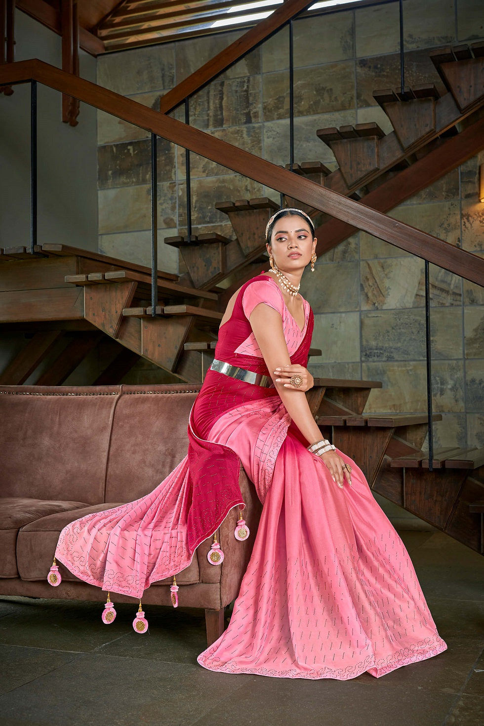 Pink Silk Elegance with Swarovski work and Tassels