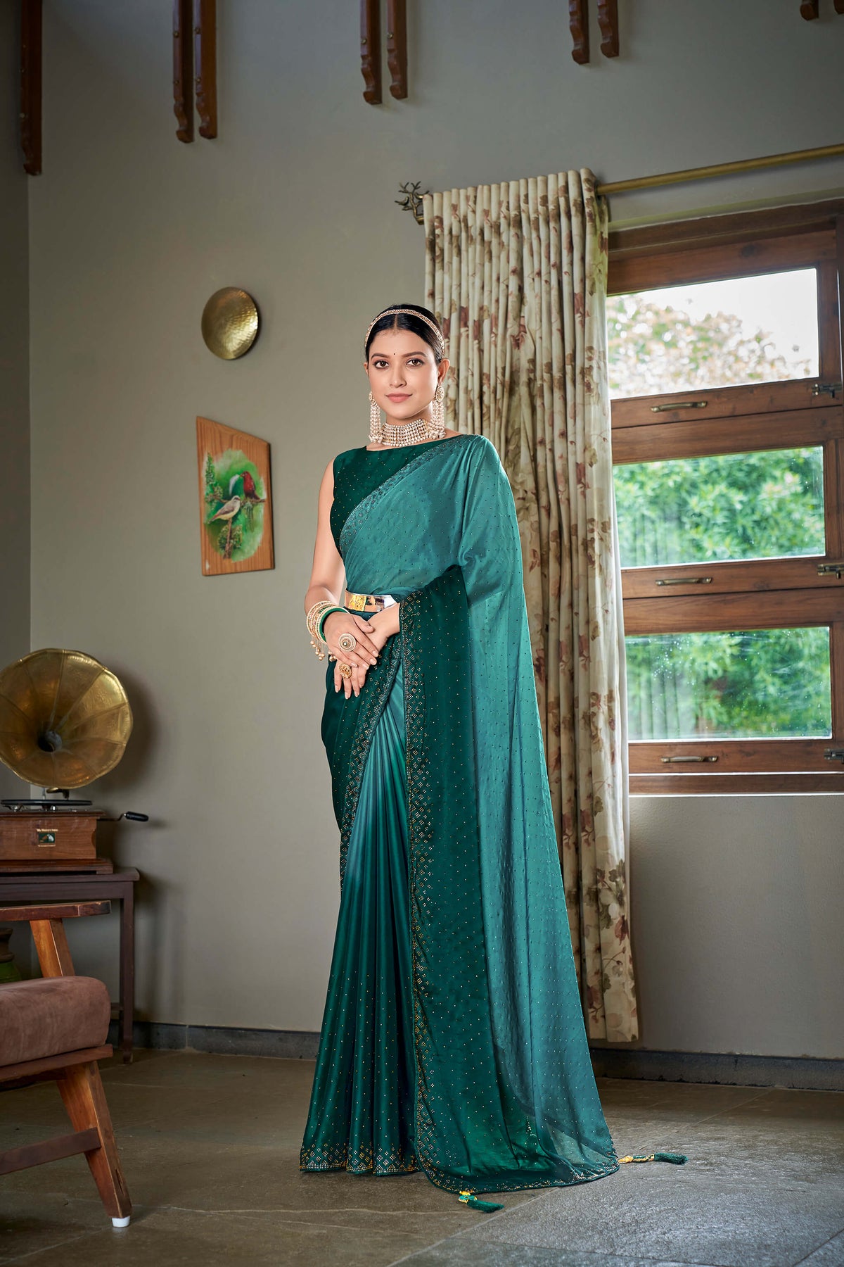 Teal Green Silk Sari Adorned with Swarovski diamond