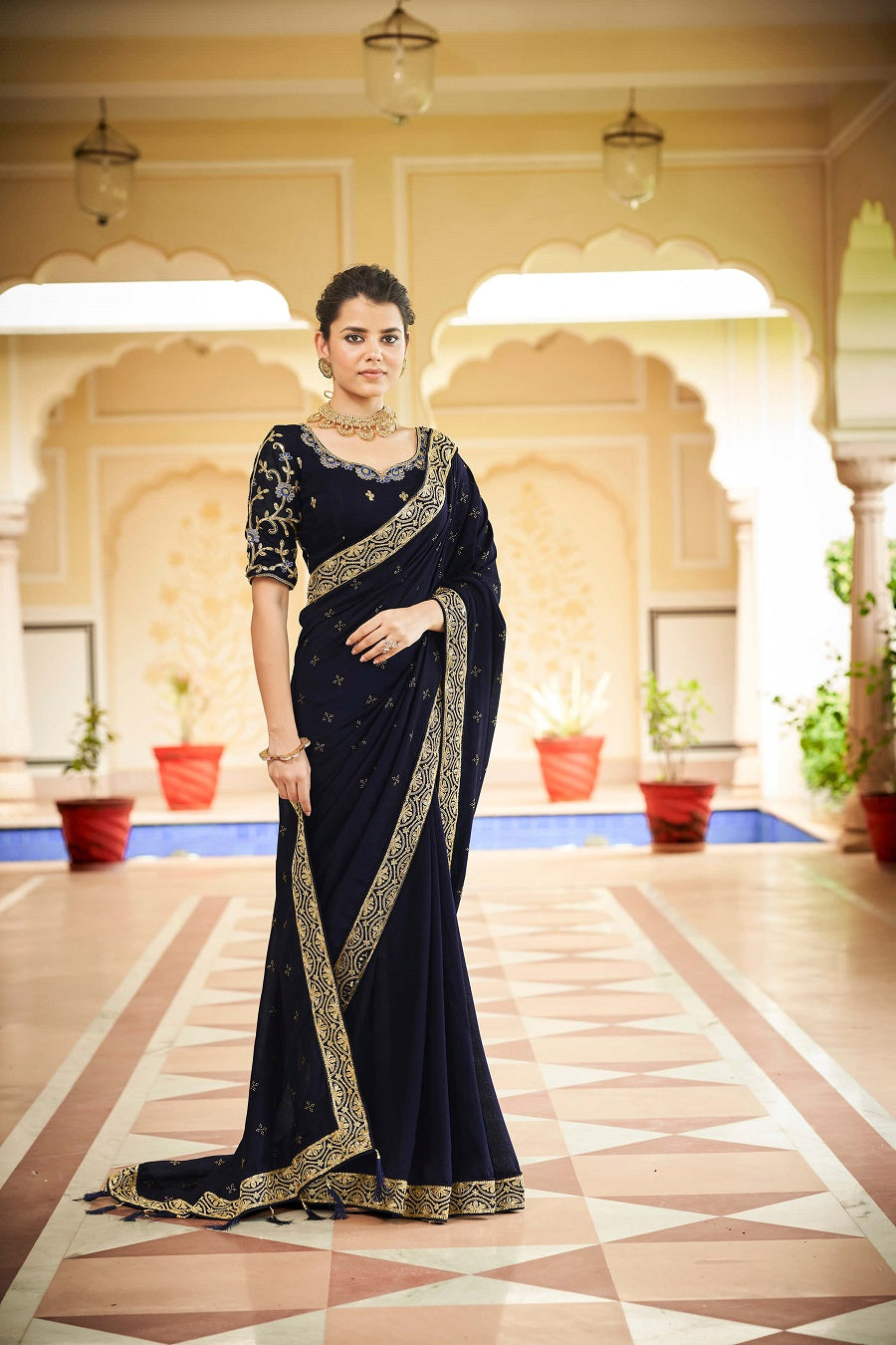 Navy Blue Silk Saree and Blouse for wedding