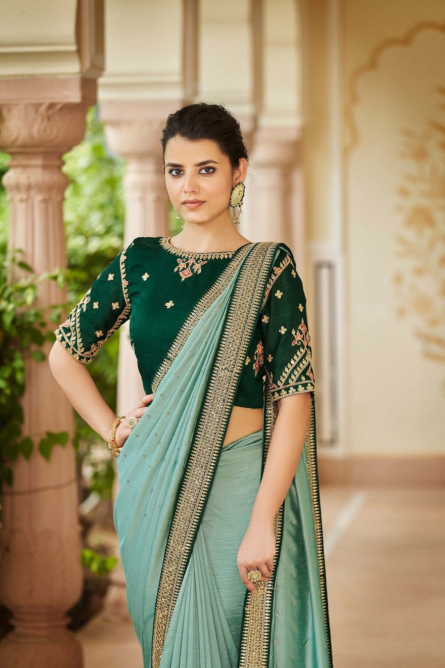 Pista Color Saree and Blouse