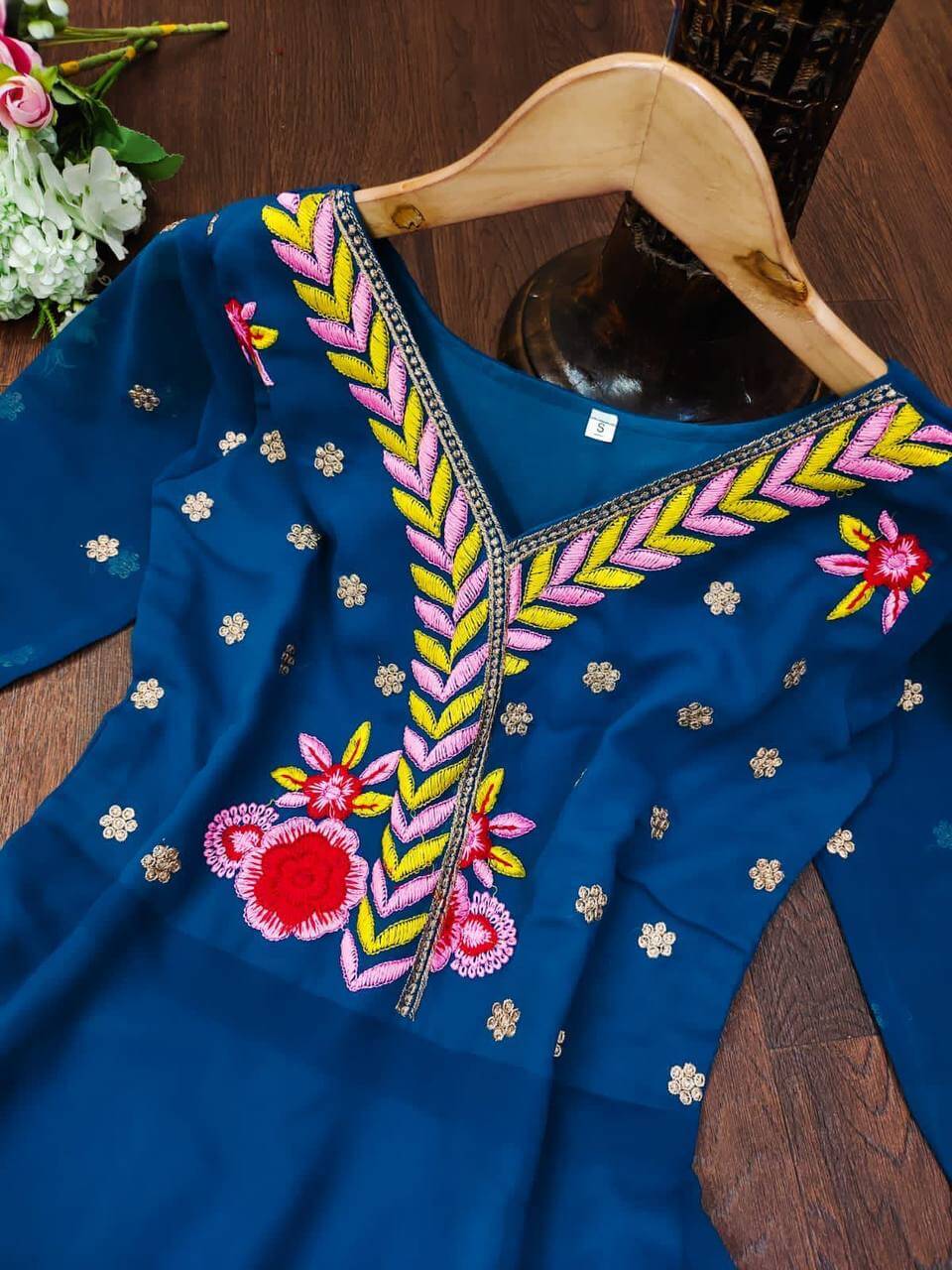 Blue Maxi Dress with Exquisite Embroidery: Elegant Indian Ethnic Attire