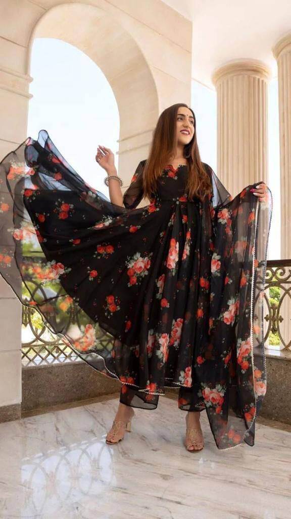 Georgette Flower Print Maxi Dress/Gown with Dupatta