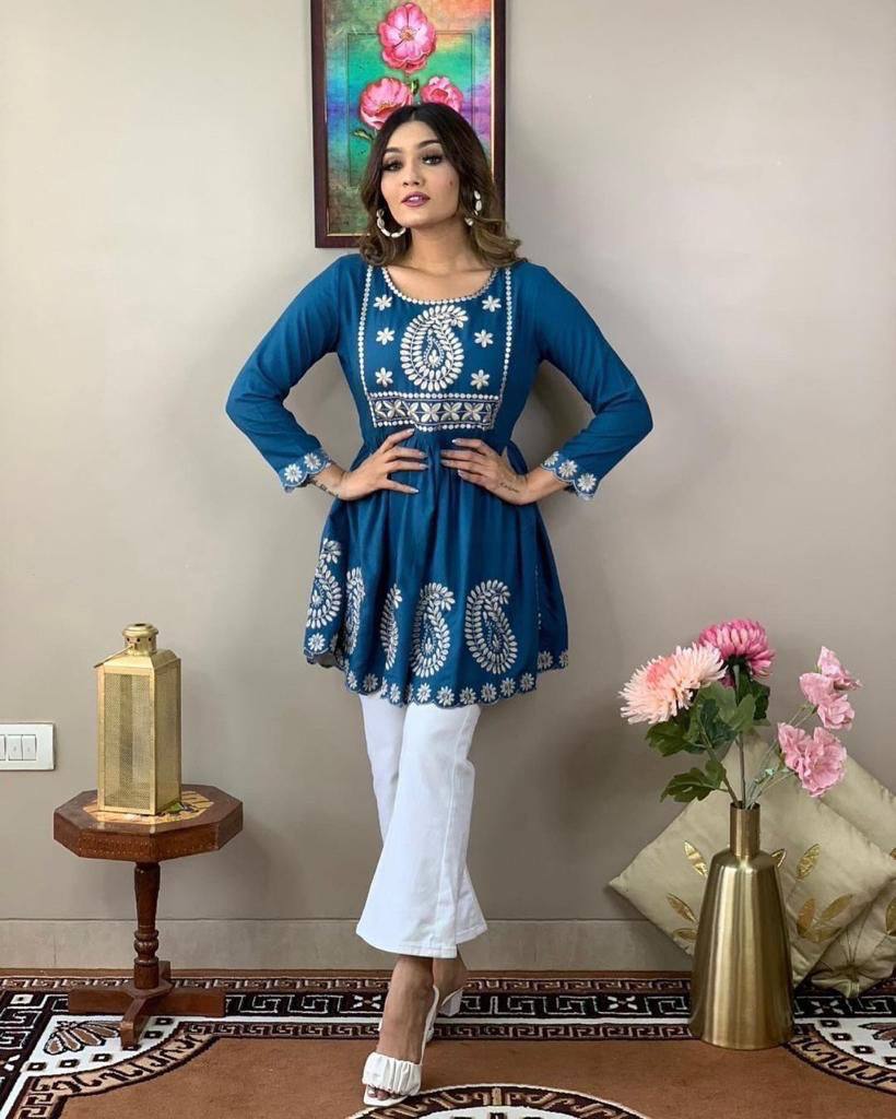 Blue Tunic Top with Embroidery on Yoke with Palazzo