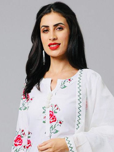 White Cotton Floral Prints Salwar Suit