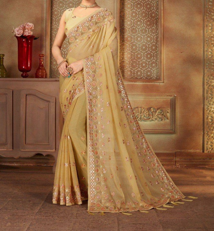 Yellow saree with multi thread embroidery